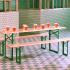 Table pliante acier verte, plateau et assise bois naturel verni imperméable, gamme Toba - France Bureau