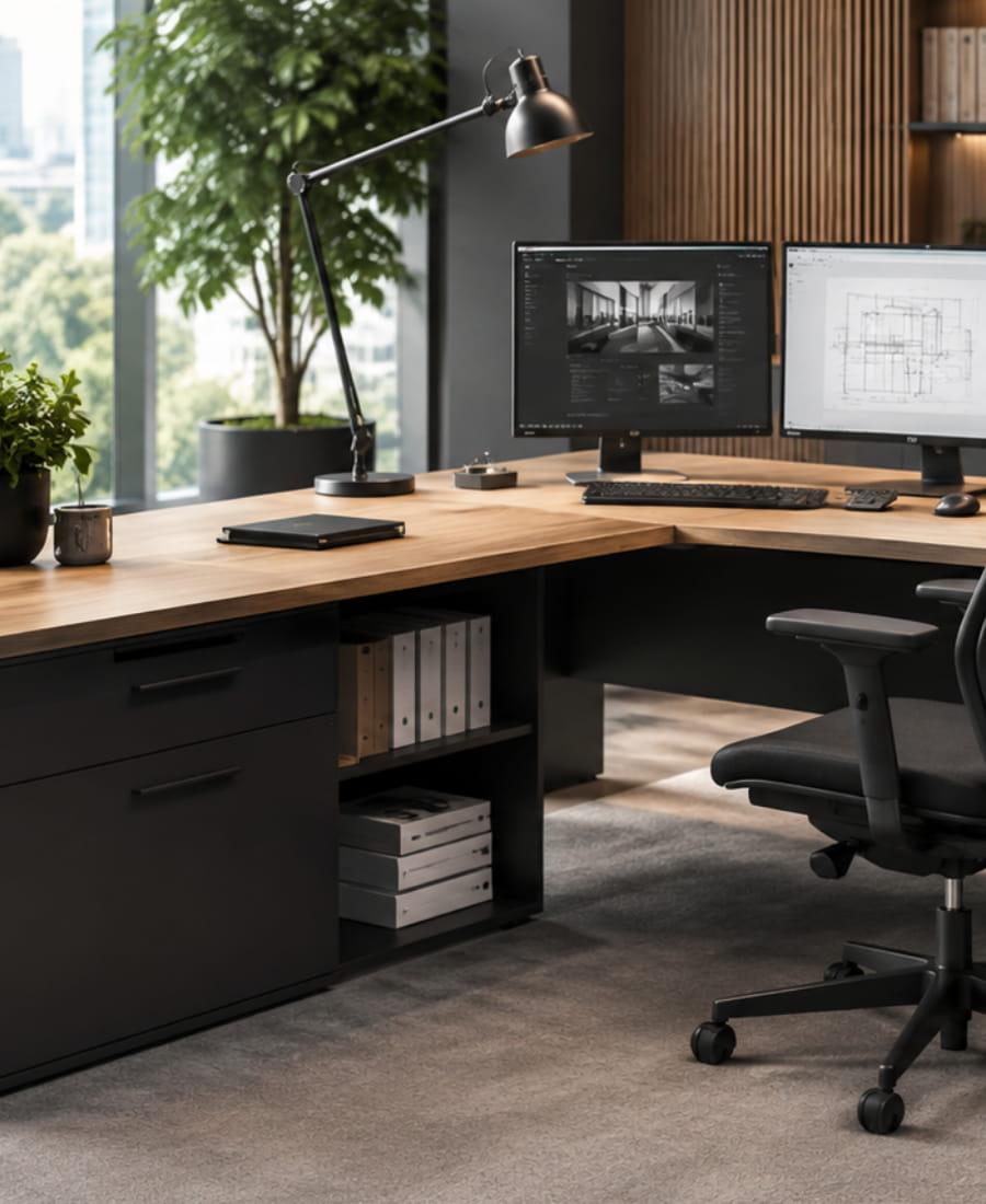 aménagement espace travail  avec bureau d\'angle professionnel