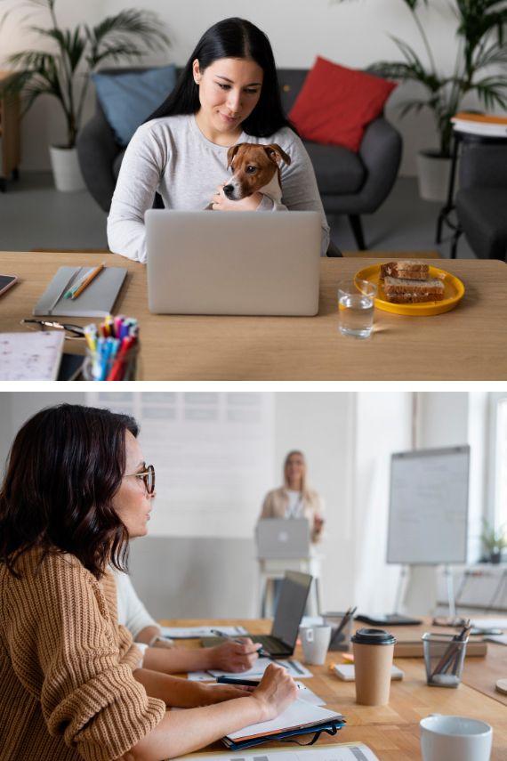 Managers en télétravail et en présentiel ayant une réunion dans un bureau 
