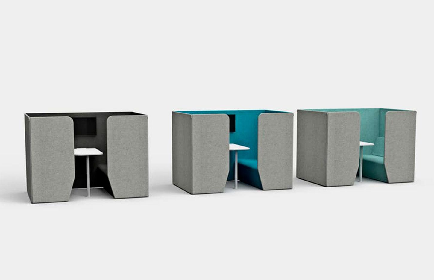 Gamme mobilier acoustique de bureau Cosmo - cabine, banquette et table haute avec tabourets
