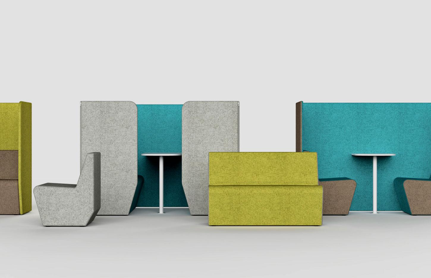 Espace de bureau aménagé avec cabine acoustique Cosmo turquoise et poufs assortis