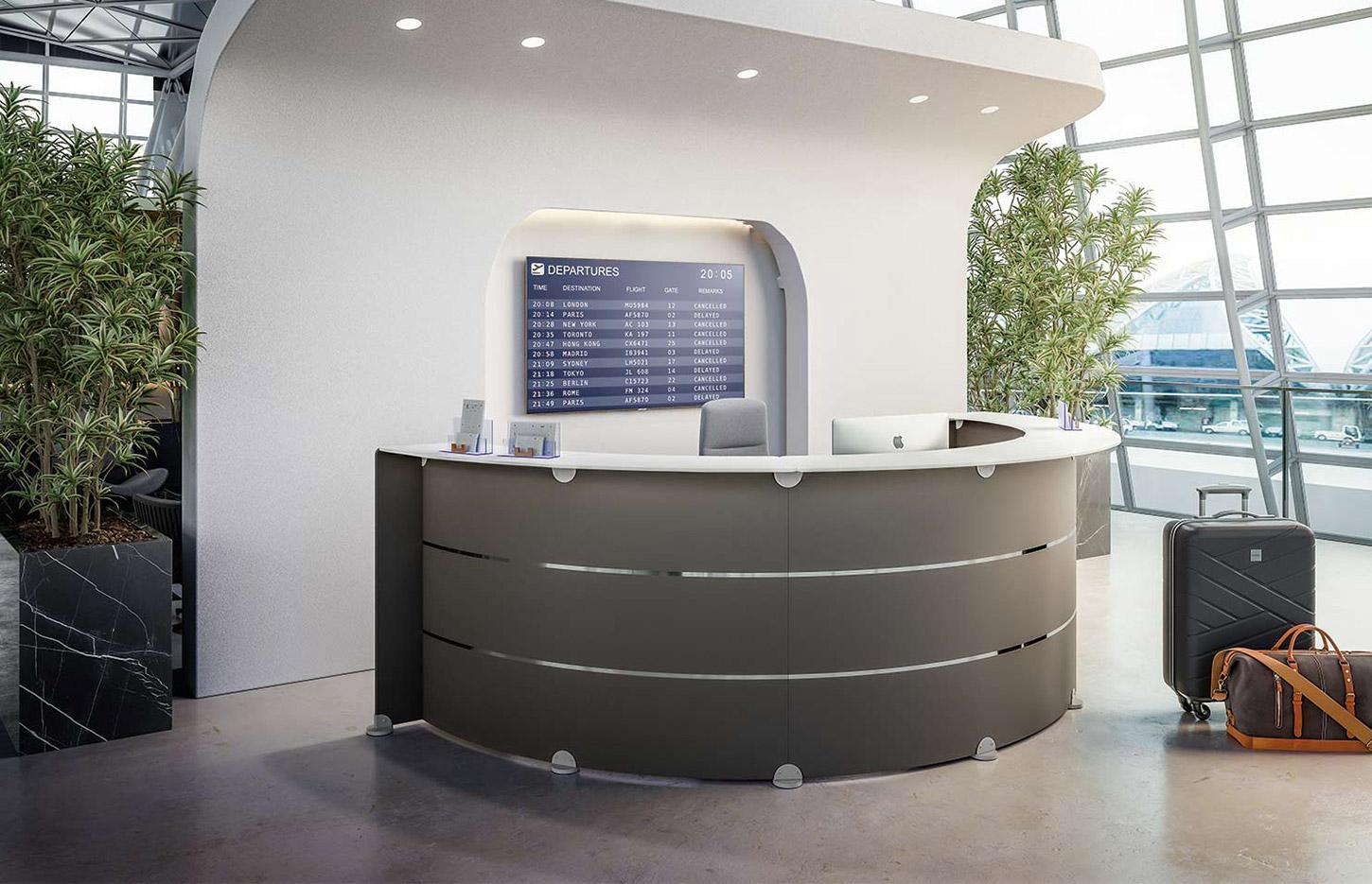 Banque d\'accueil avec façade en bois moderne, gamme Accueil Glass - France Bureau