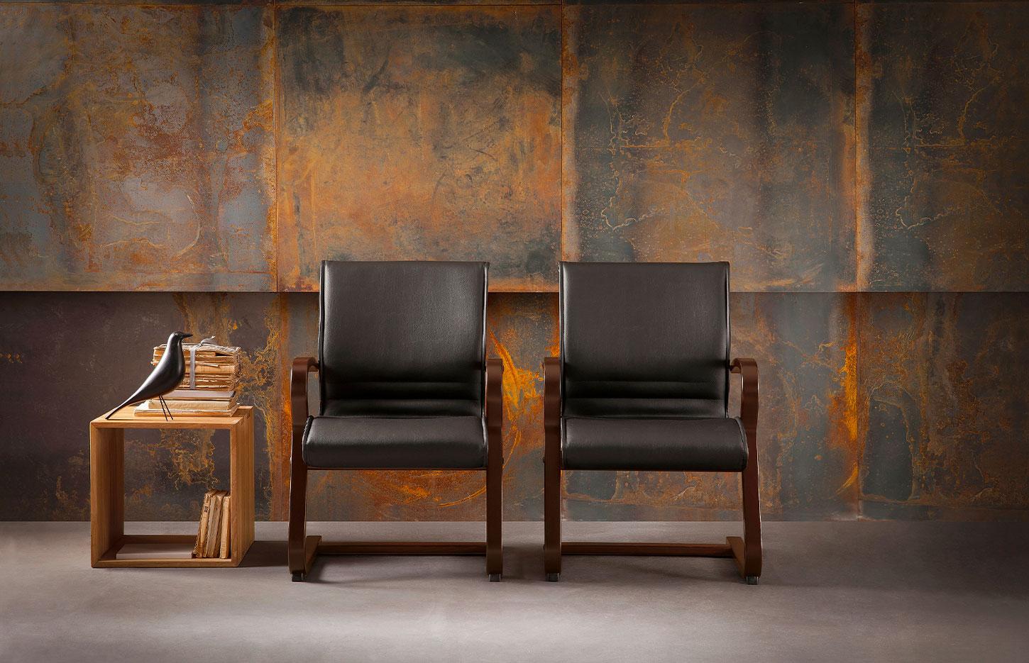 Fauteuil de conférence en cuir avec piètement luge et accoudoir fixe en bois palissandre - Gamme Albaron conférence - France Bureau 