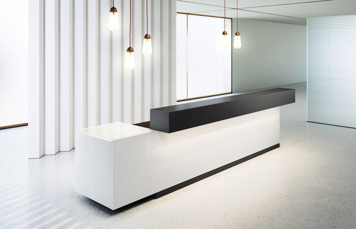 Banque d\'accueil design mélaminé bois laqué modulaire, gamme Baretti - France Bureau