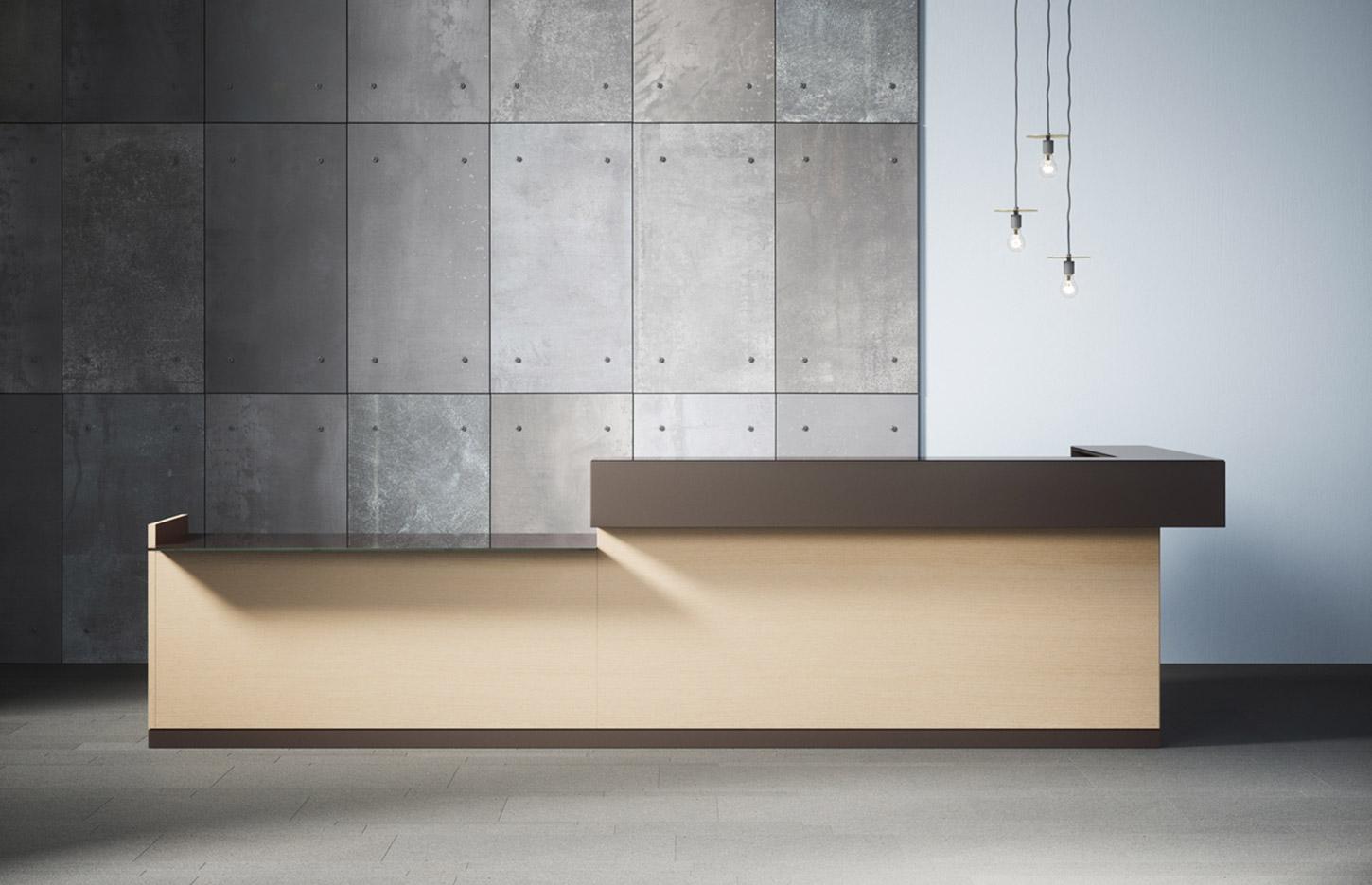 Banque d\'accueil design mélaminé bois laqué modulaire, gamme Baretti - France Bureau