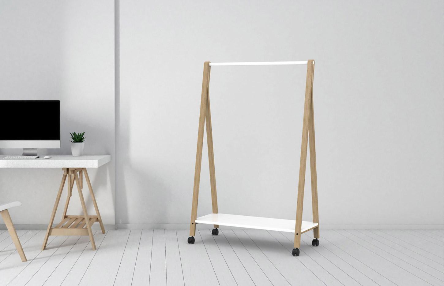 Portant à vêtement avec structure en hêtre, barre en acier banc et étagère en MDF banc - Gamme Bégo - France bureau	
