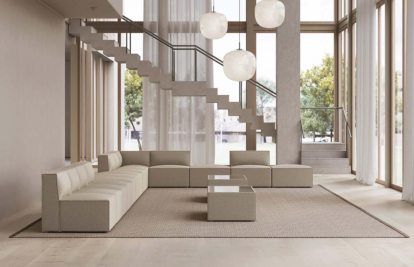 Canapé modulaire d\'accueil en tissu avec modules droits, angle et poufs, gamme Bornova - France Bureau