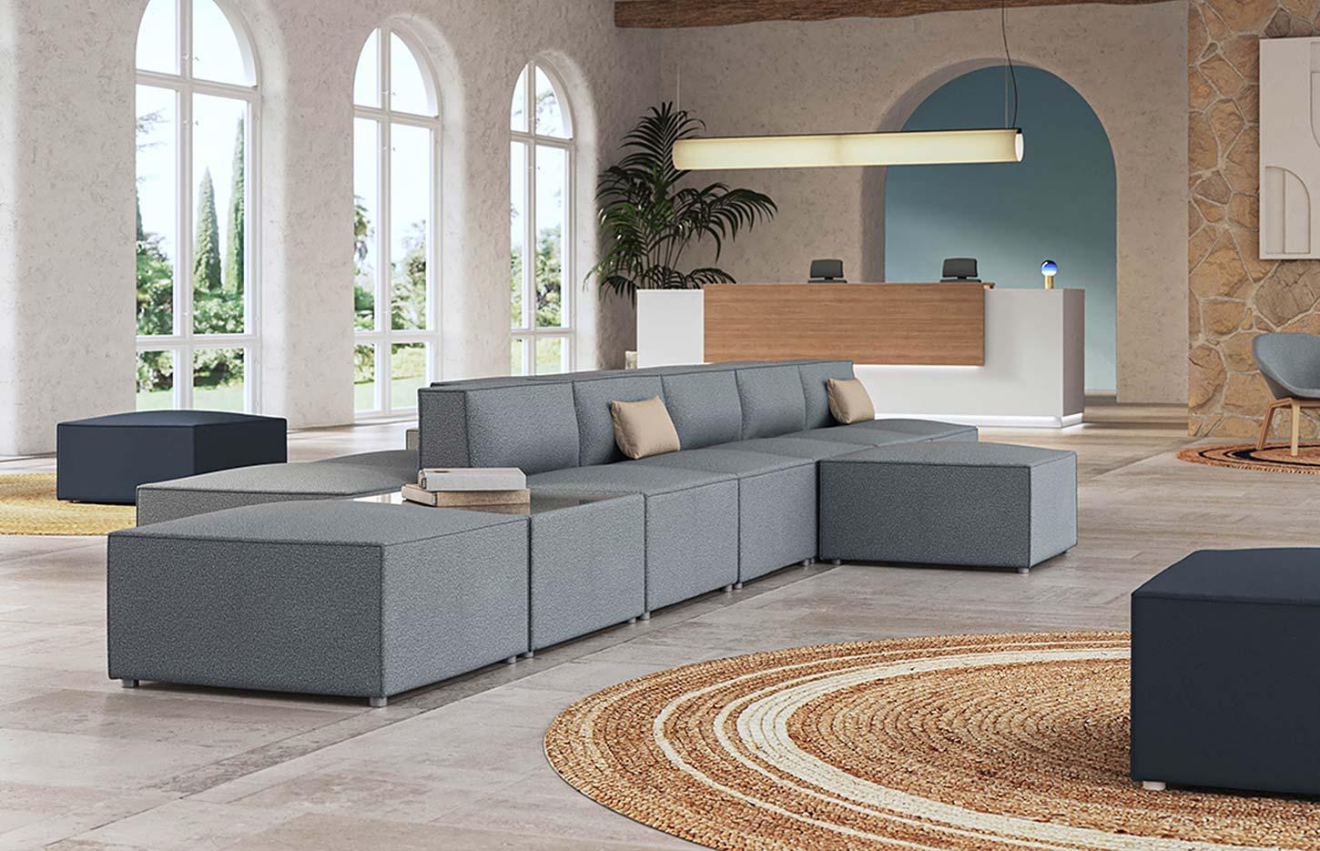 Canapé modulaire d\'accueil en tissu avec modules droits, angle et poufs, gamme Bornova - France Bureau
