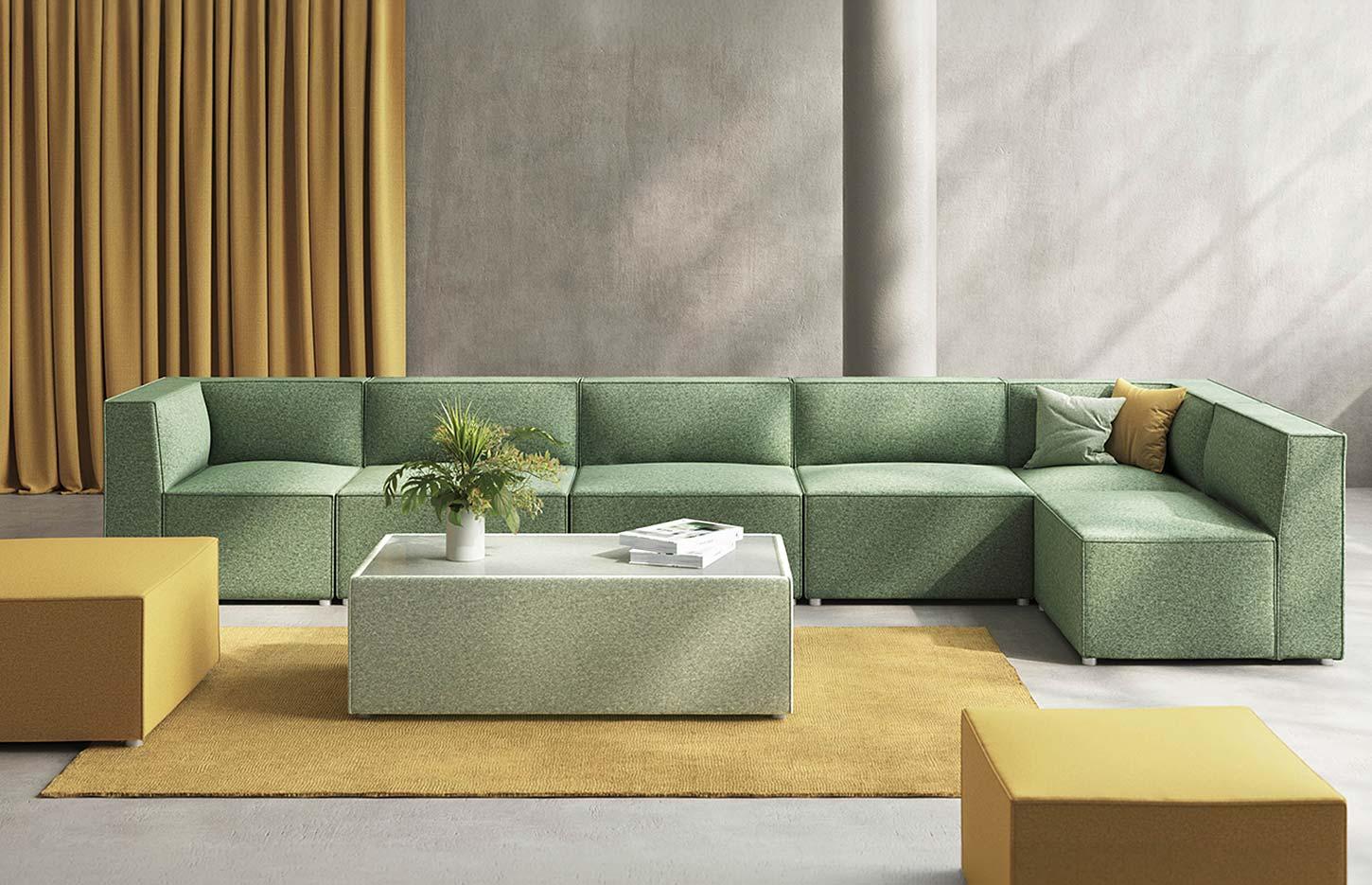 Canapé modulaire d\'accueil en tissu avec modules droits, angle et poufs, gamme Bornova - France Bureau
