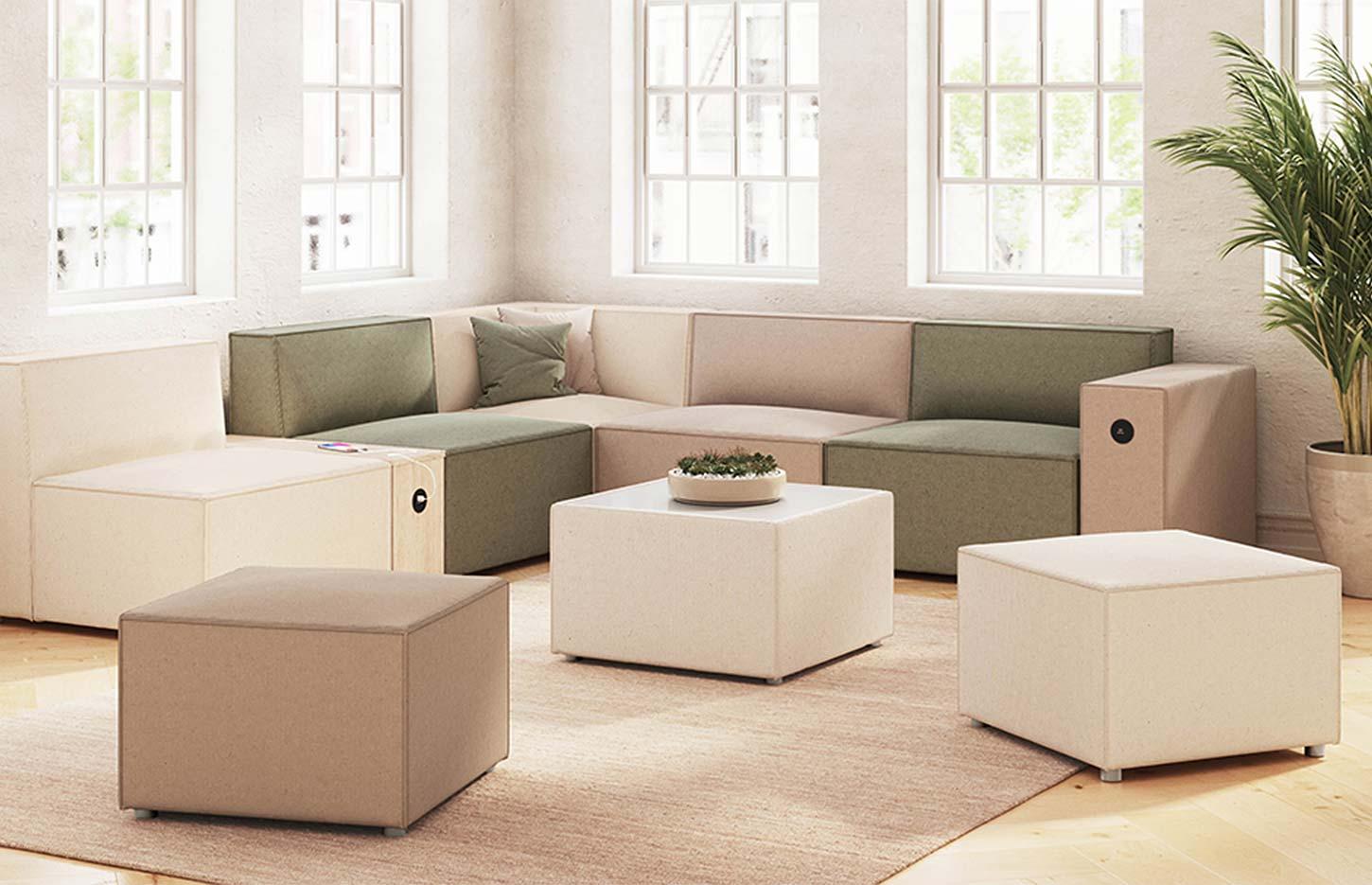 Canapé modulaire d\'accueil en tissu avec modules droits, angle et poufs, gamme Bornova - France Bureau