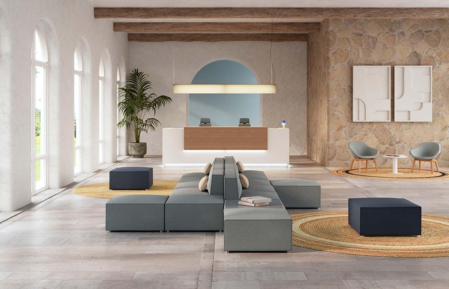 Canapé modulaire d\'accueil en tissu avec modules droits, angle et poufs, gamme Bornova - France Bureau