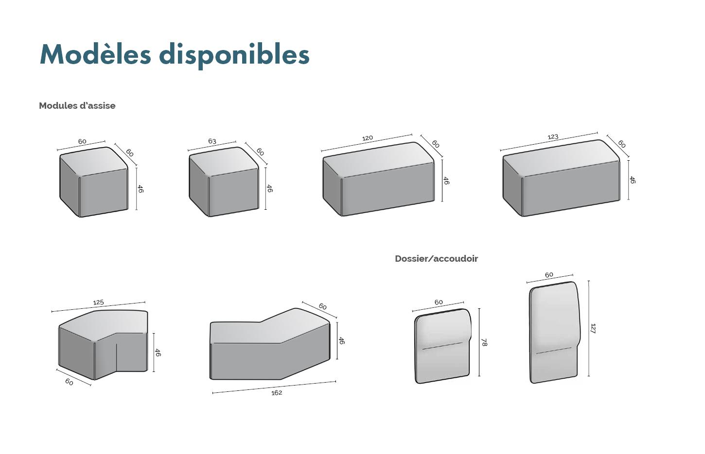 Canapés modulaires différentes formes dossier accoudoirs bas ou haut, gamme Cambirela - France Bureau