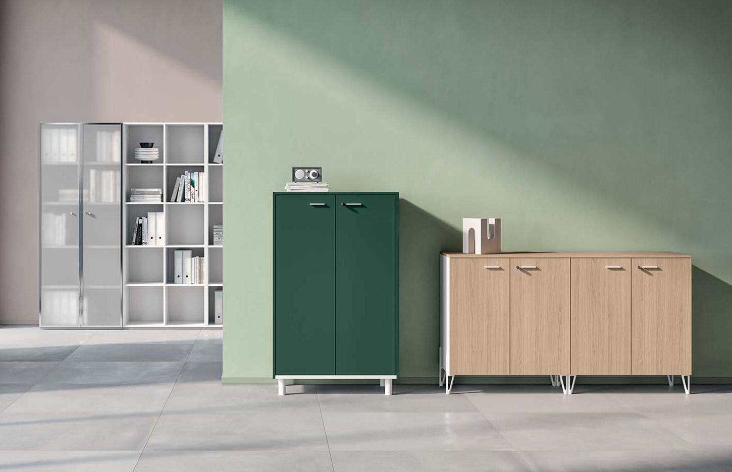Meuble de rangement de bureau, porte finition boisée coloré ou verre, gamme Cerces - France Bureau