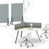 Bench coworking plateau mélaminé blanc piétement métallique bleu, panneau privatif tissu vert - gamme come - France Bureau