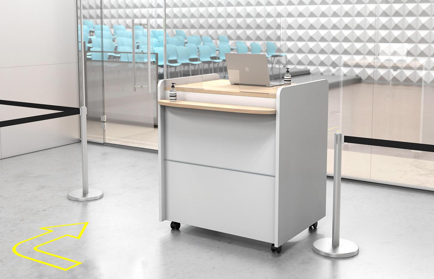 Comptoir d\'accueil mobile sur roulettes avec rangements et connectique, Fabrication Française, gamme Cork - France Bureau