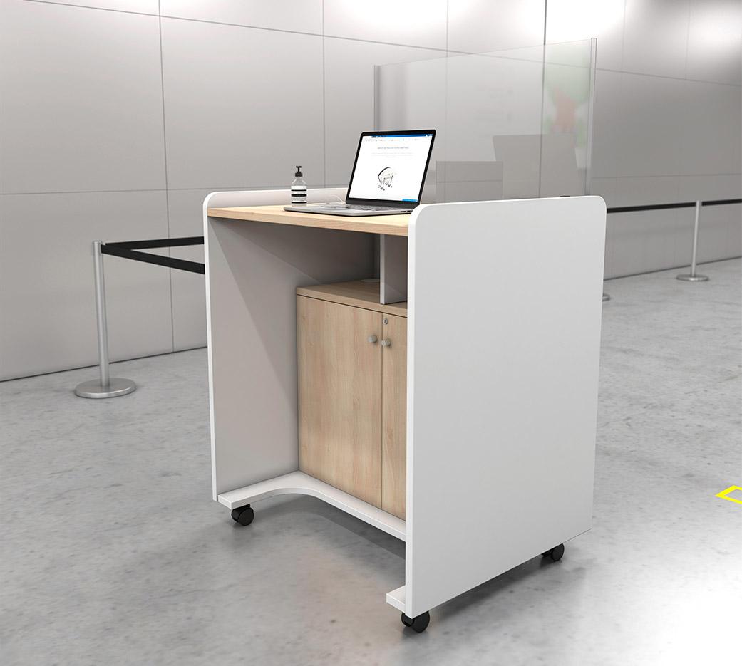 Comptoir d\'accueil mobile sur roulettes avec rangements et connectique, Fabrication Française, gamme Cork - France Bureau