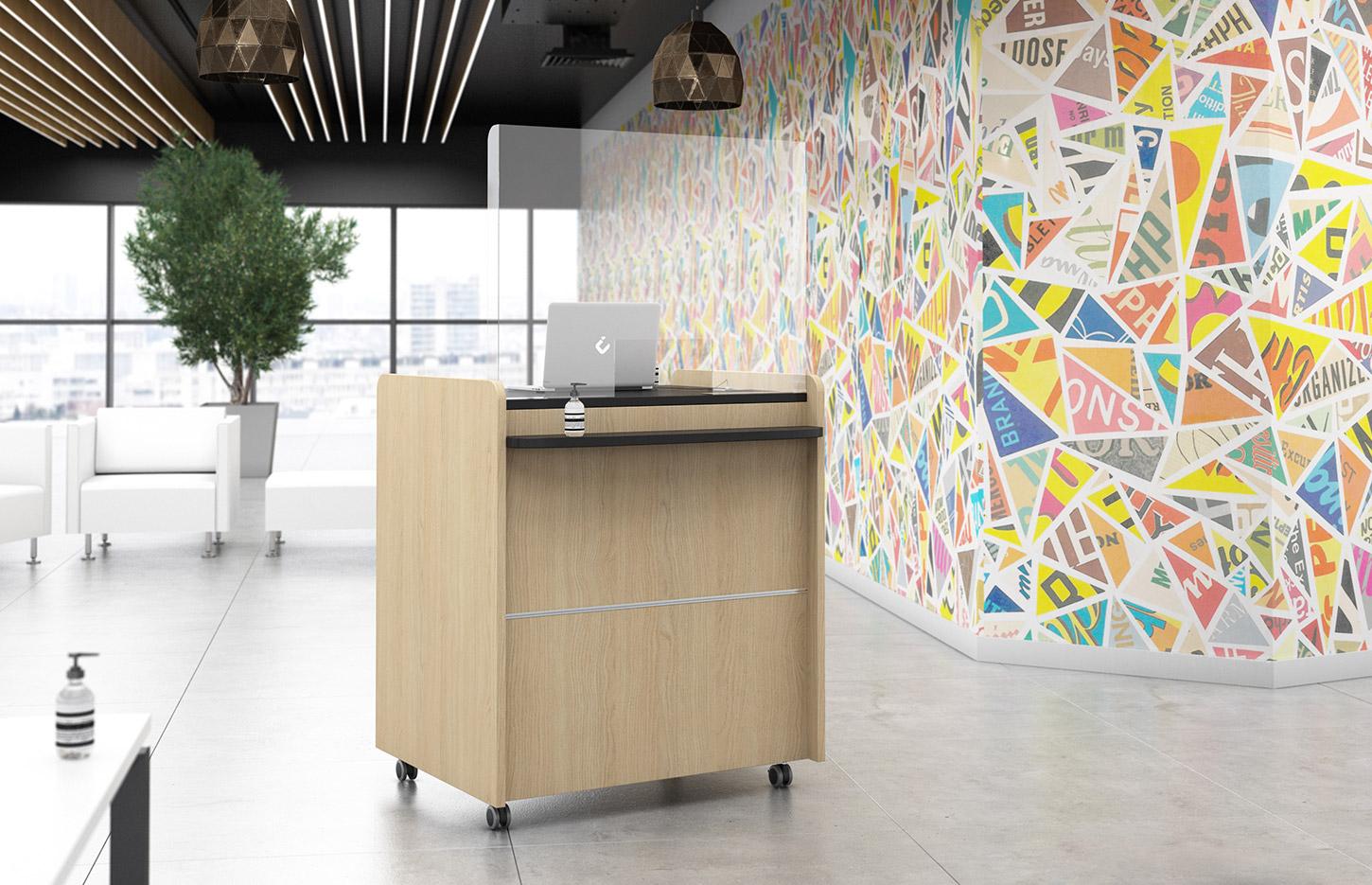 Comptoir d\'accueil mobile sur roulettes avec rangements et connectique, Fabrication Française, gamme Cork - France Bureau