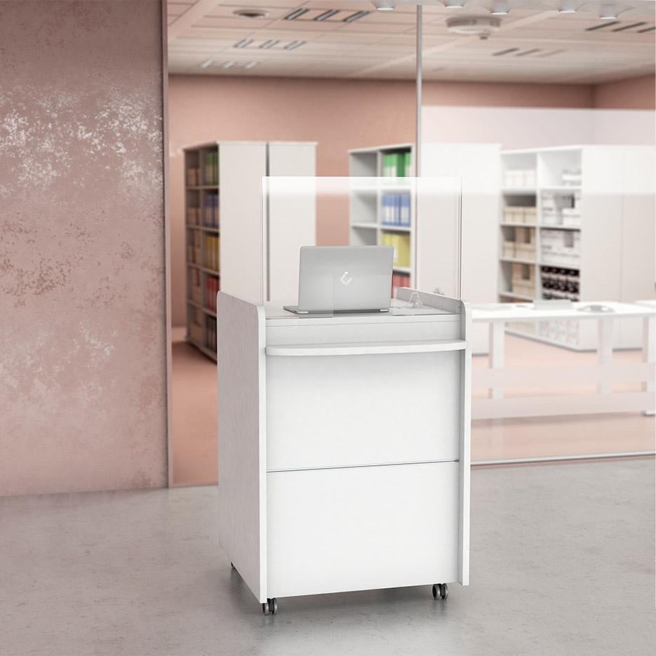 Comptoir d\'accueil mobile sur roulettes avec rangements et connectique, Fabrication Française, gamme Cork - France Bureau