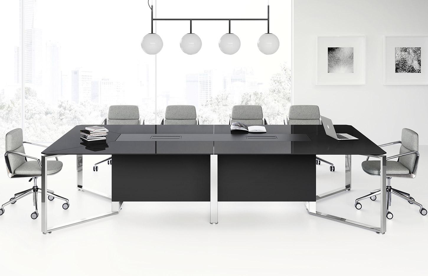 Table de réunion, de conférence avec plateau bois ou verre table carré rectangulaire ou en \