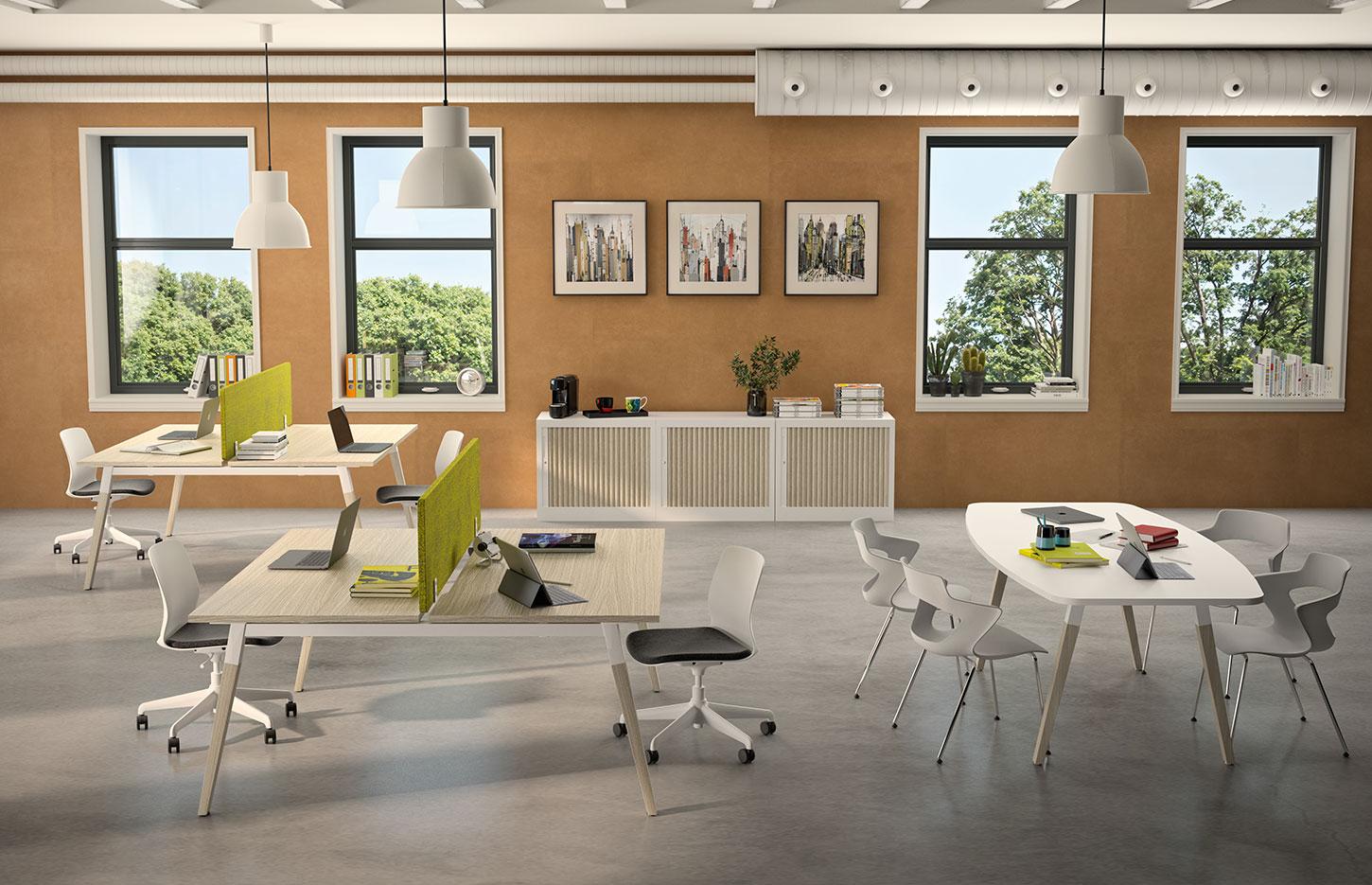 Bureau partagé pour open-space avec pieds en bois, gamme Floria open-space - France Bureau