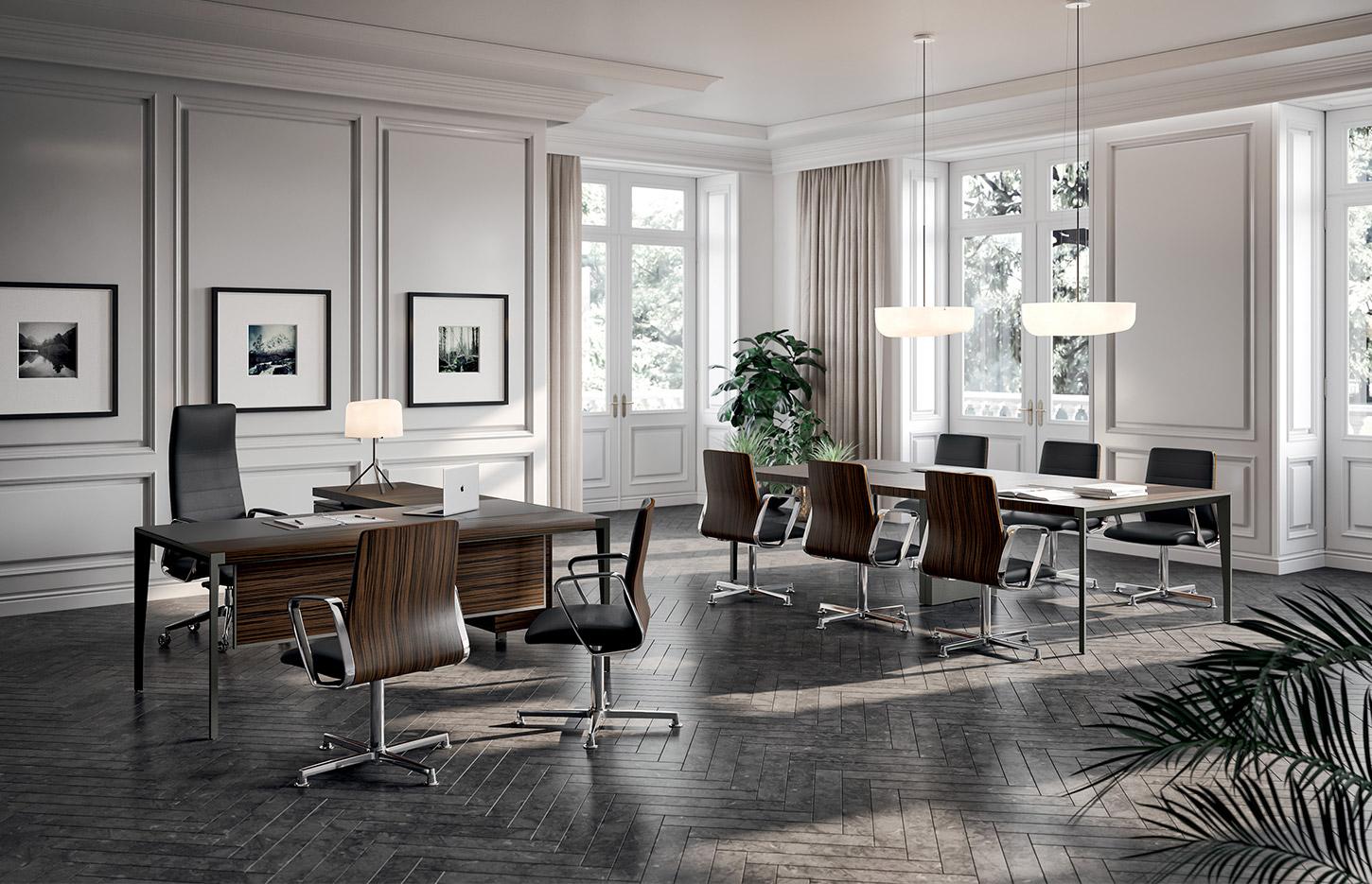 Bureau de direction en bois insert cuir avec retour sur caisson, gamme Forbes - France Bureau