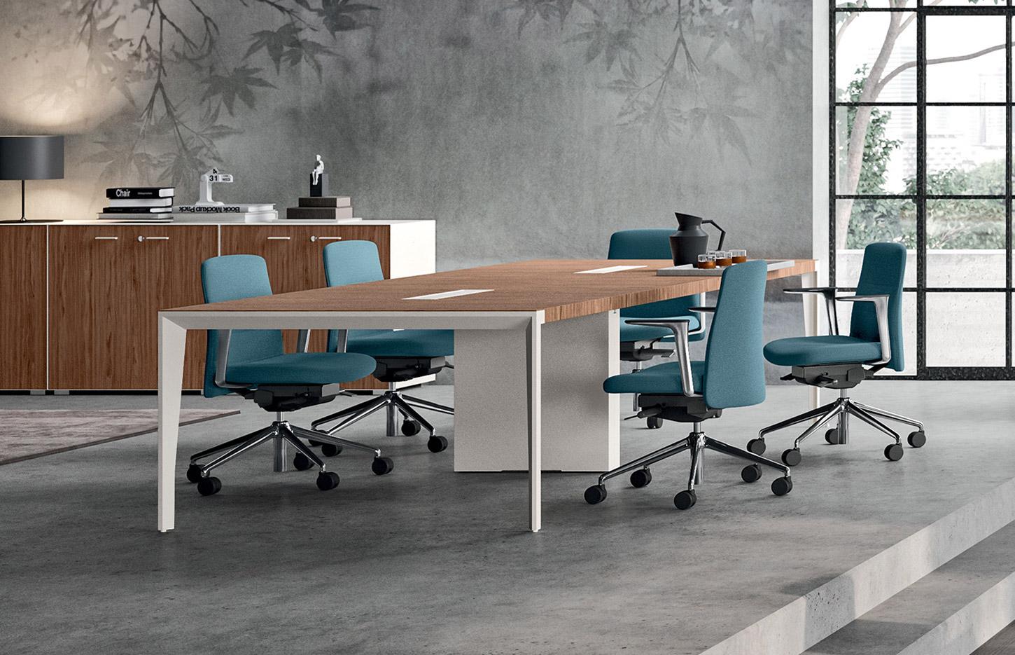 Table de réunion plateau placage bois avec insert en cuir pieds métal, gamme Forbes réunion - France Bureau