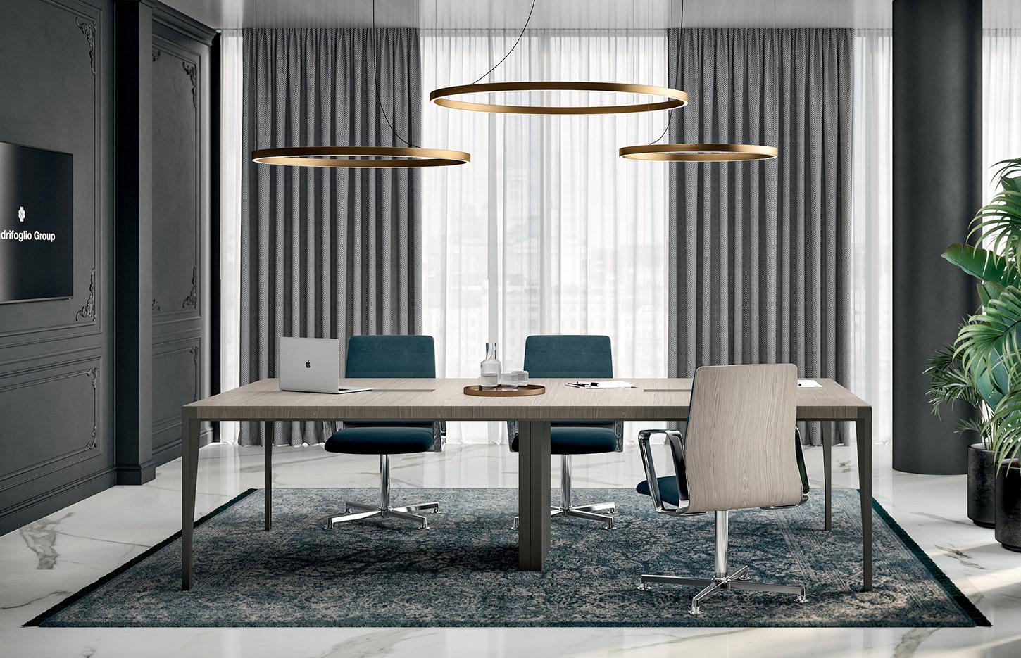 Table de réunion plateau placage bois avec insert en cuir pieds métal, gamme Forbes réunion - France Bureau