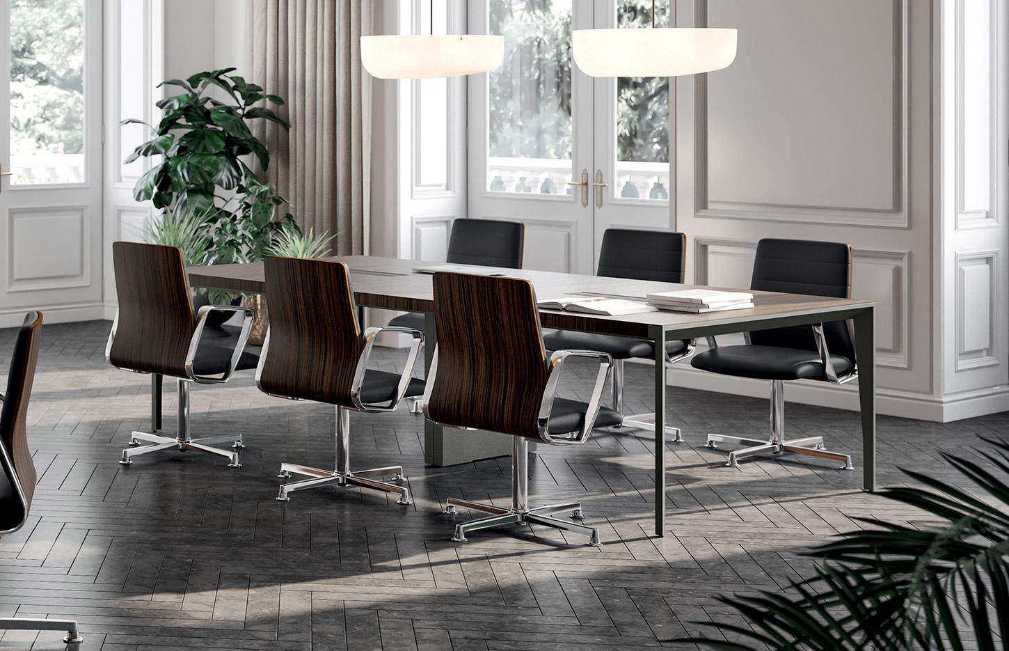 Table de réunion plateau placage bois avec insert en cuir pieds métal, gamme Forbes réunion - France Bureau