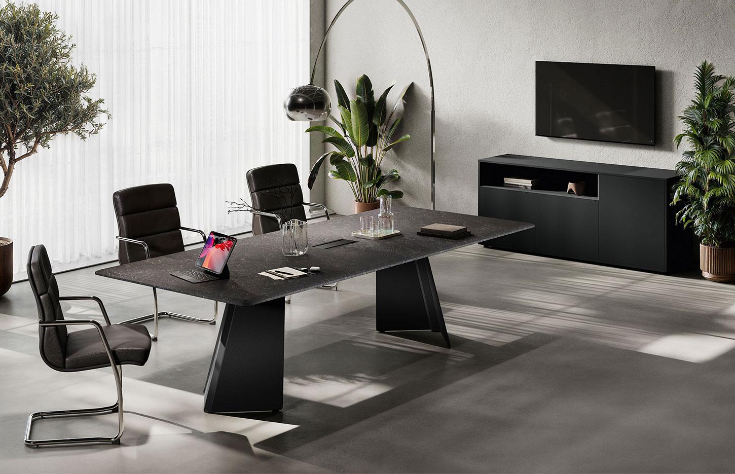Table de réunion design en bois, similicuir, céramique, gamme Fortezza réunion - France Bureau
