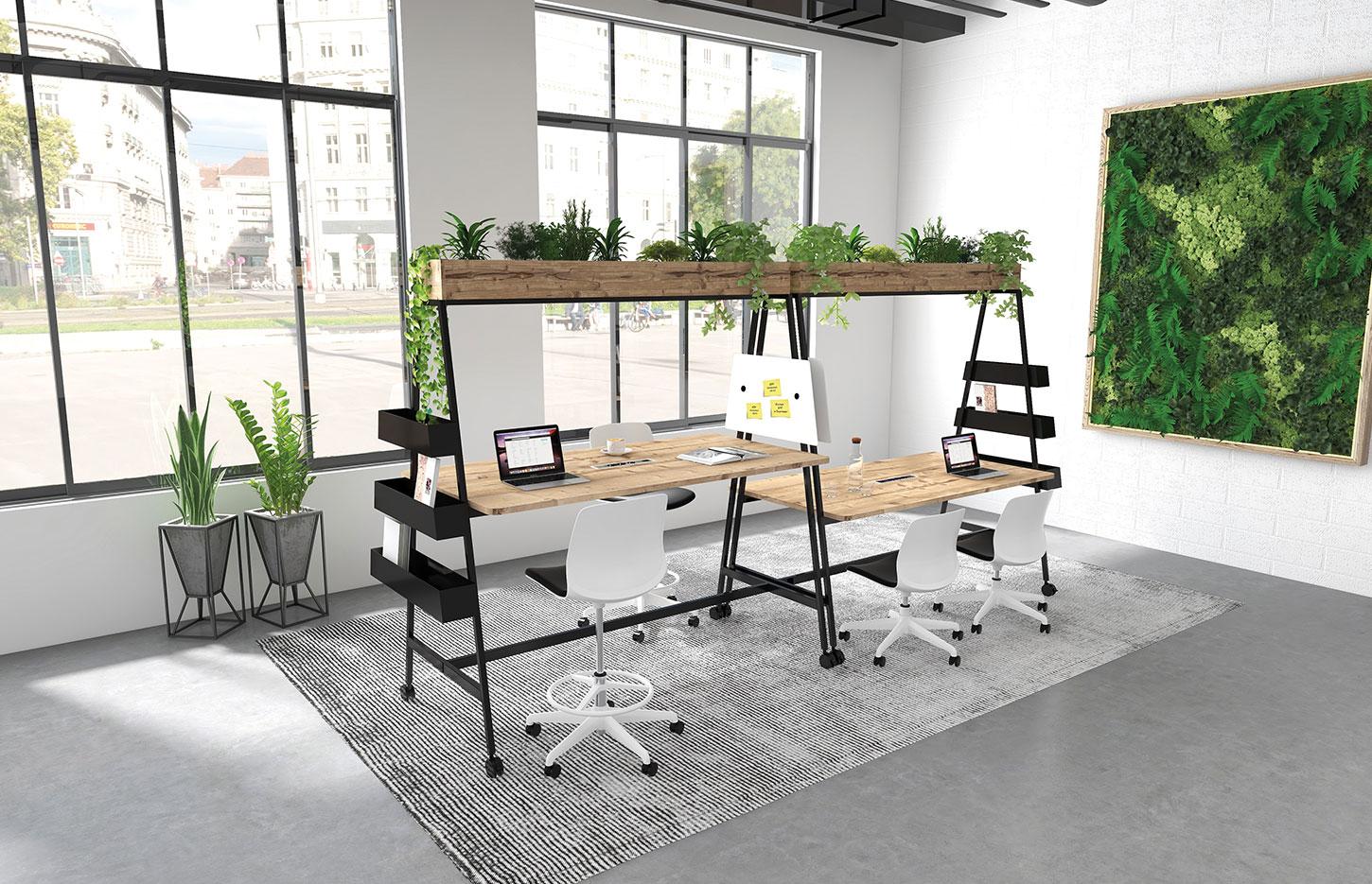 Bureau coworking connecté en métal et bois assis ou debout, gamme Fundy coworking - France Bureau