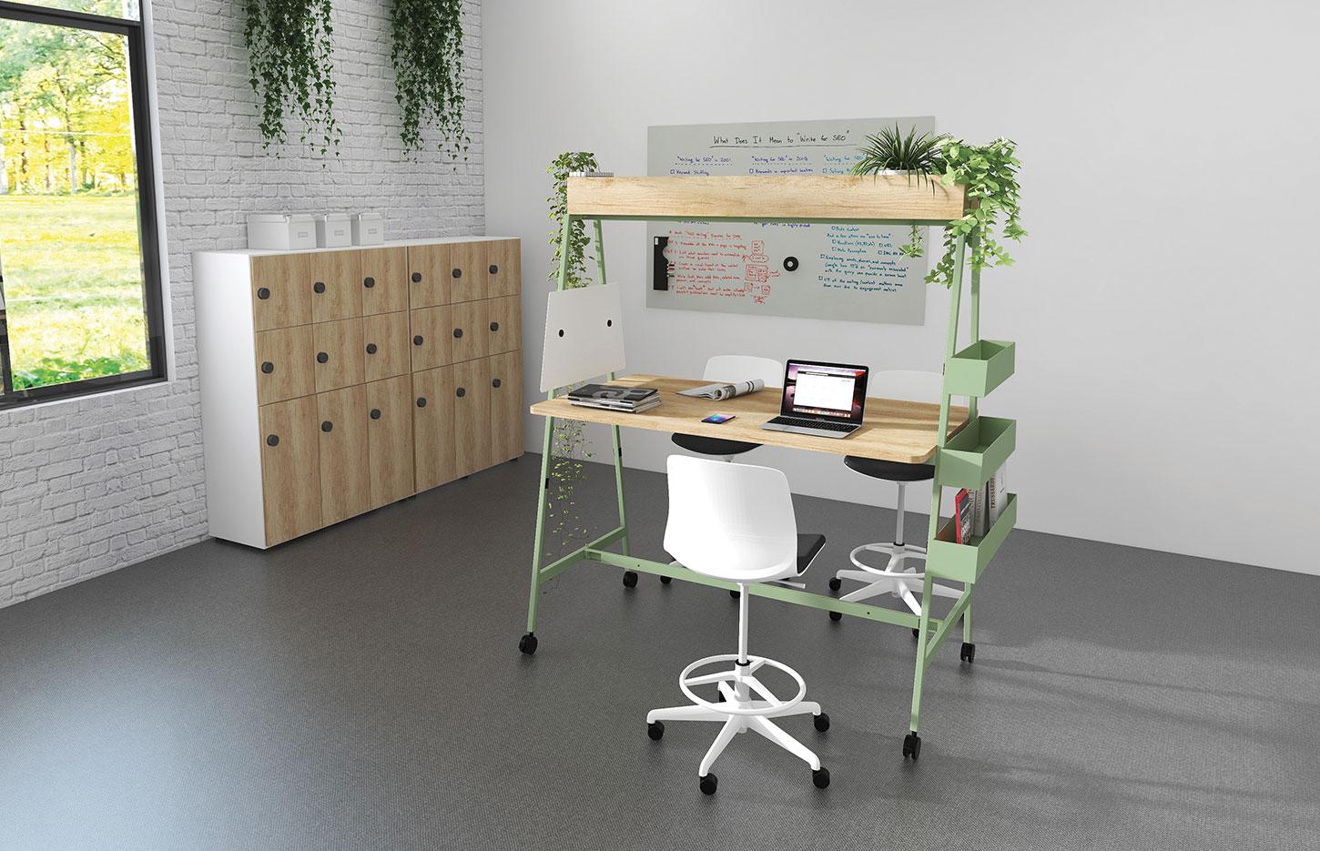 Bureau coworking connecté en métal et bois assis ou debout, gamme Fundy coworking - France Bureau