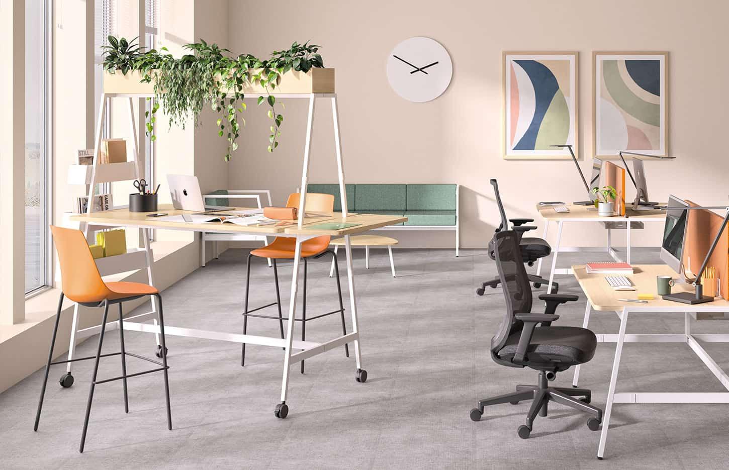 Bureau mobile réunion structure accessoires métal blanc plateau mélaminé chêne fil rangement - gamme Fundy coworking - France Bureau	