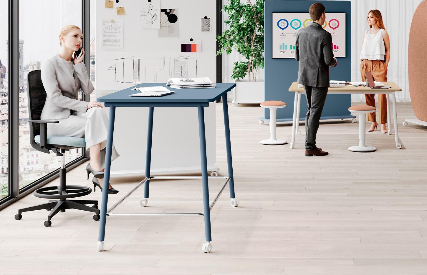 Table haute mobile sur roulettes avec plateau mélaminé et structure en métal - Gamme Gargano haut - France Bureau