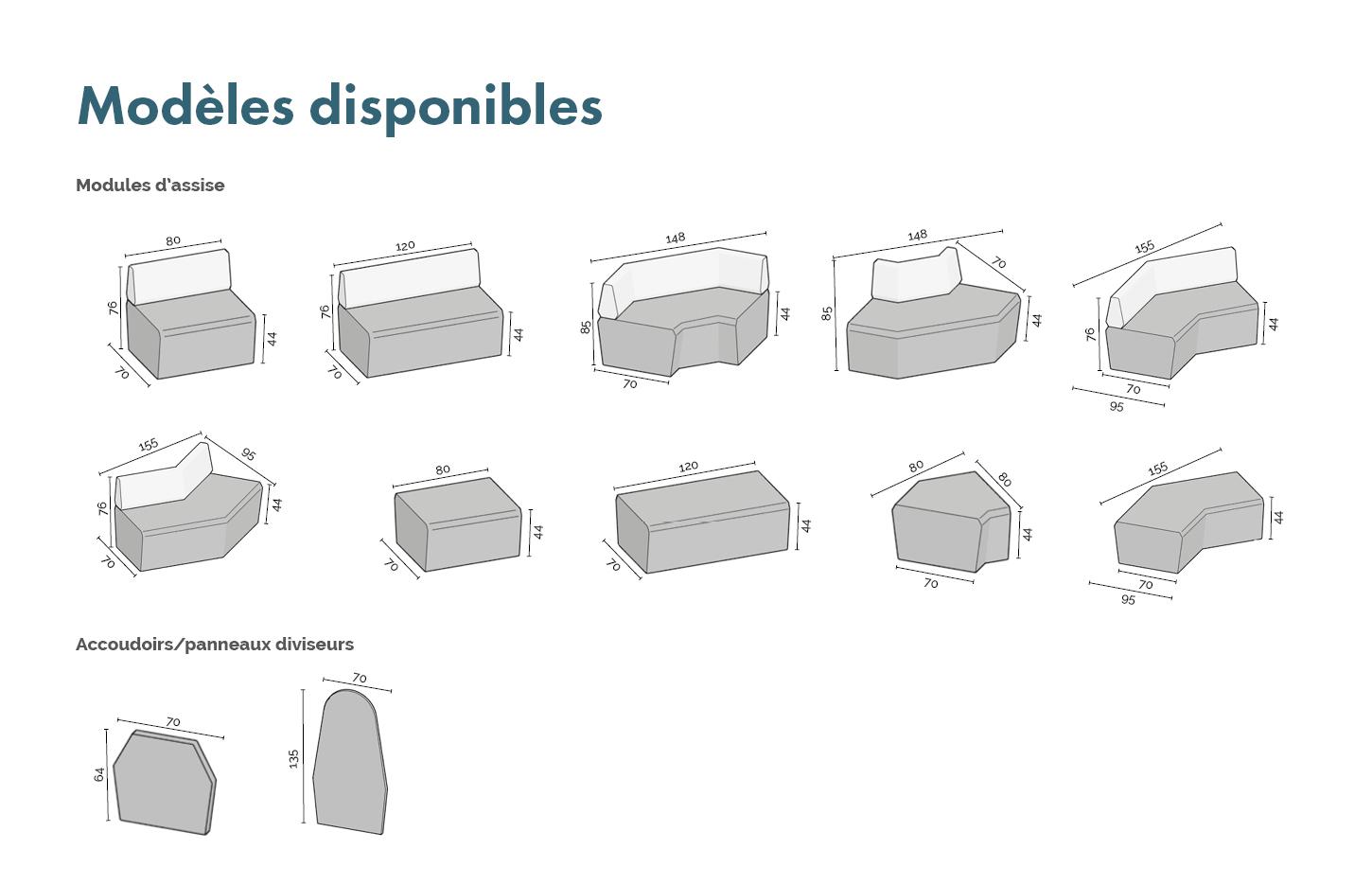 Canapés modulaires modules assises accoudoirs hauts bas tissu similicuir, gamme Gavea - France Bureau