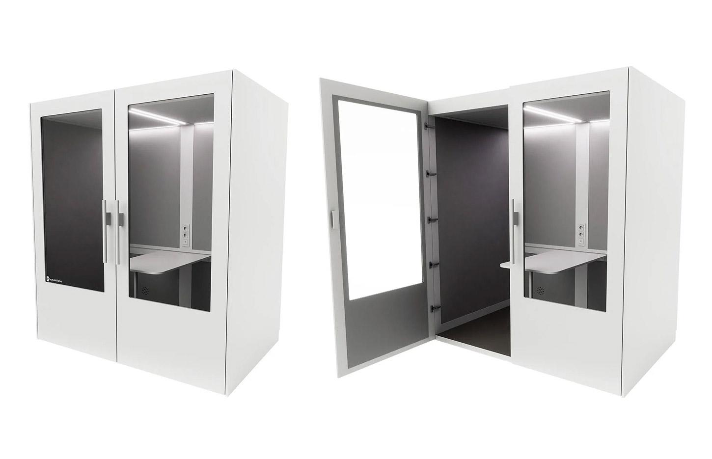Cabine acoustique 4 places avec table mobile avec connectiques, gamme Koronia 4 places - France Bureau
