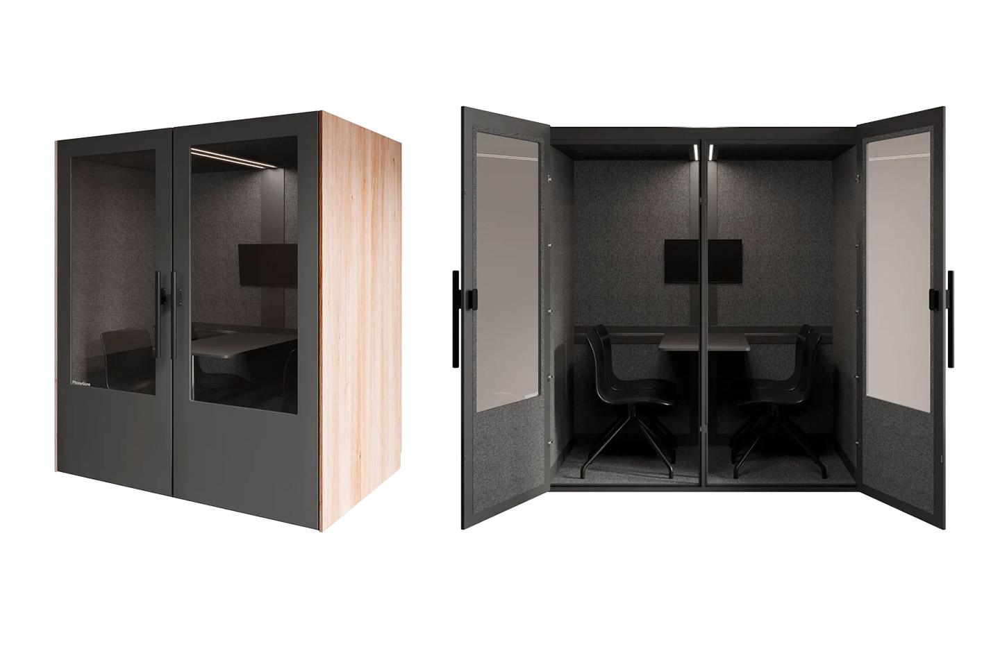 Cabine acoustique 4 places avec table mobile avec connectiques, gamme Koronia 4 places - France Bureau