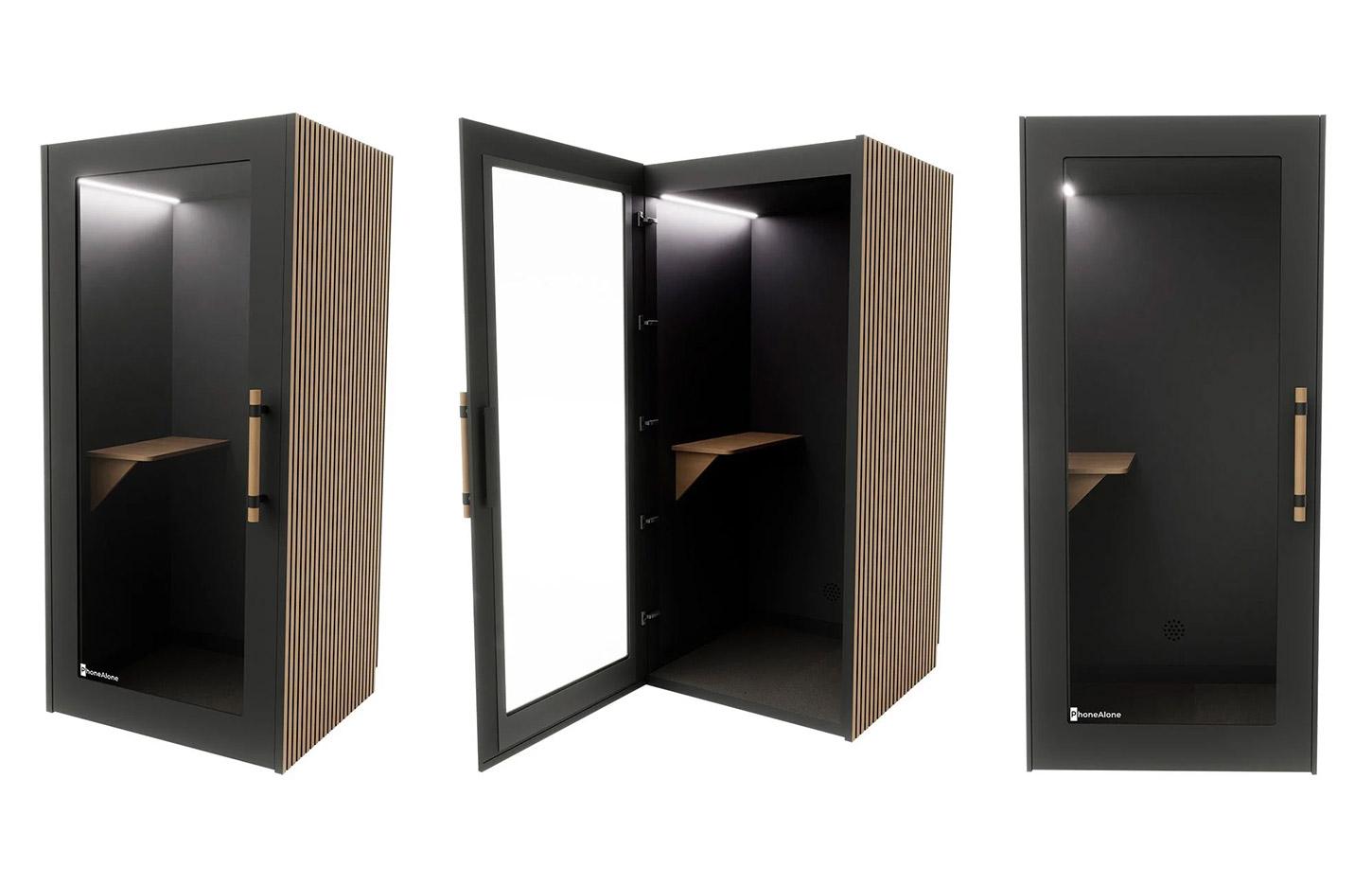 Cabine acoustique noir et bois avec tablette et prises et USB, gamme Koronia Wood 1 place - France Bureau