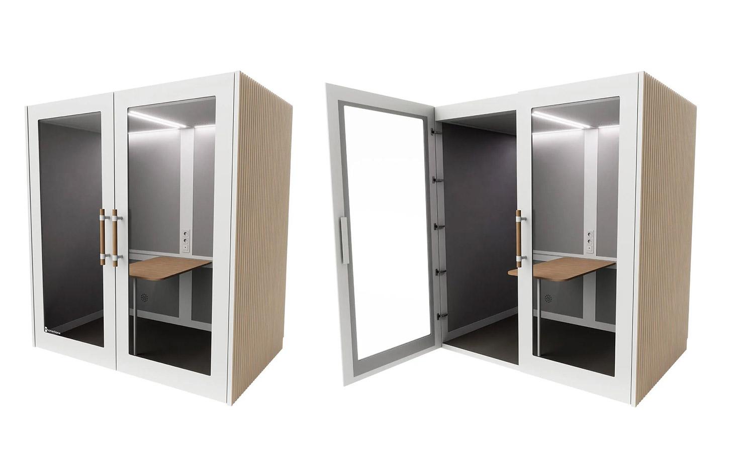 Cabine acoutique noir et bois table mobile avec connectiques, gamme Koronia Wood 4 places - France Bureau