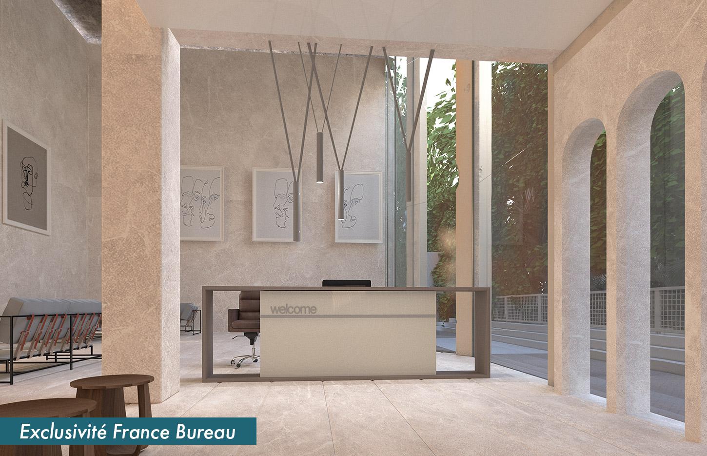 Banque et comptoir d\'accueil mélaminé différentes configurations, bande décorative acier poli, gamme Kos - France Bureau