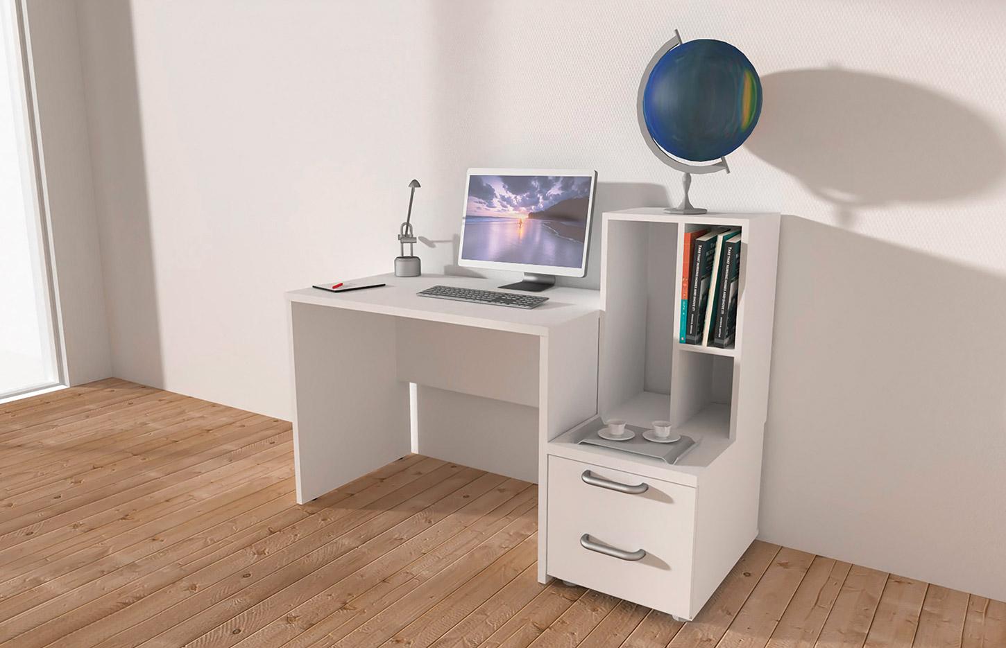 Bureau home office mélaminé avec rangement, blanc ou bicolore en bois, gamme Lemina - France Bureau