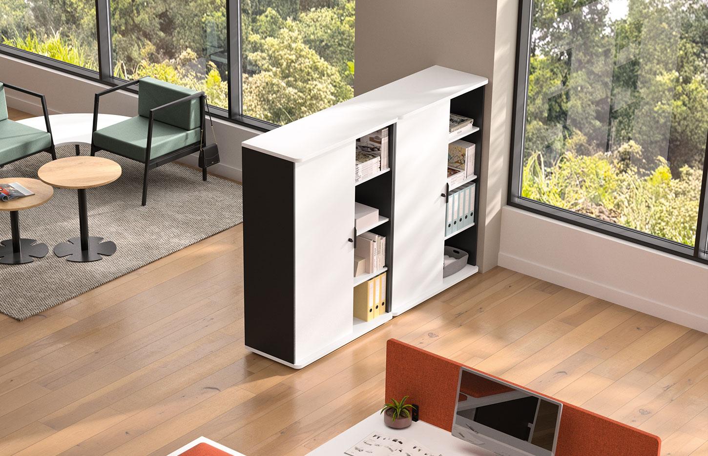 Armoires et consoles portes battantes avec niches en mélaminé, gamme Lestio - France Bureau