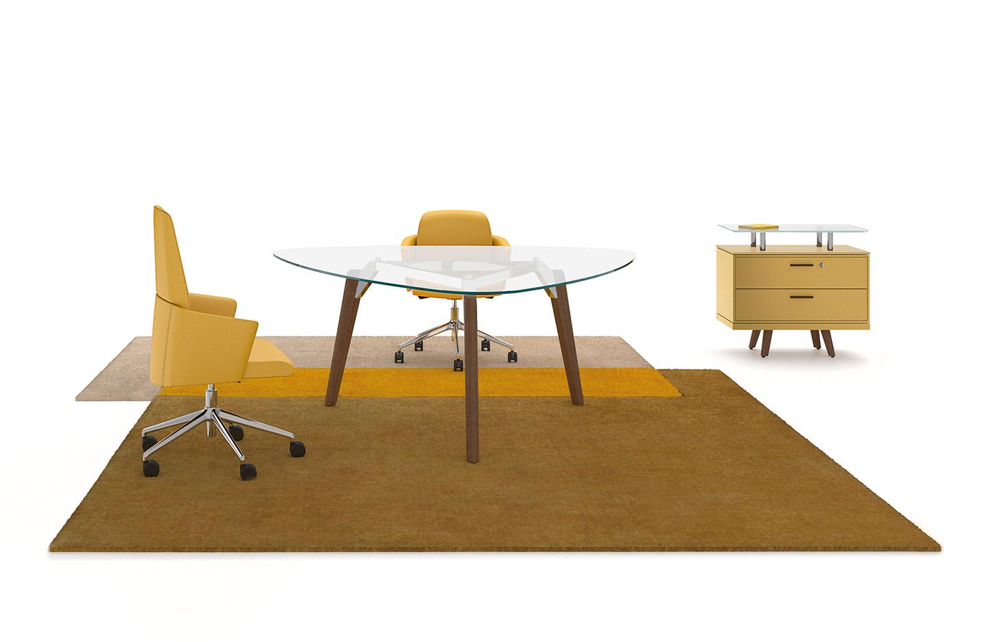 Table de réunion ronde ou triangulaire en bois, cuir ou verre, gamme Longo round - France Bureau