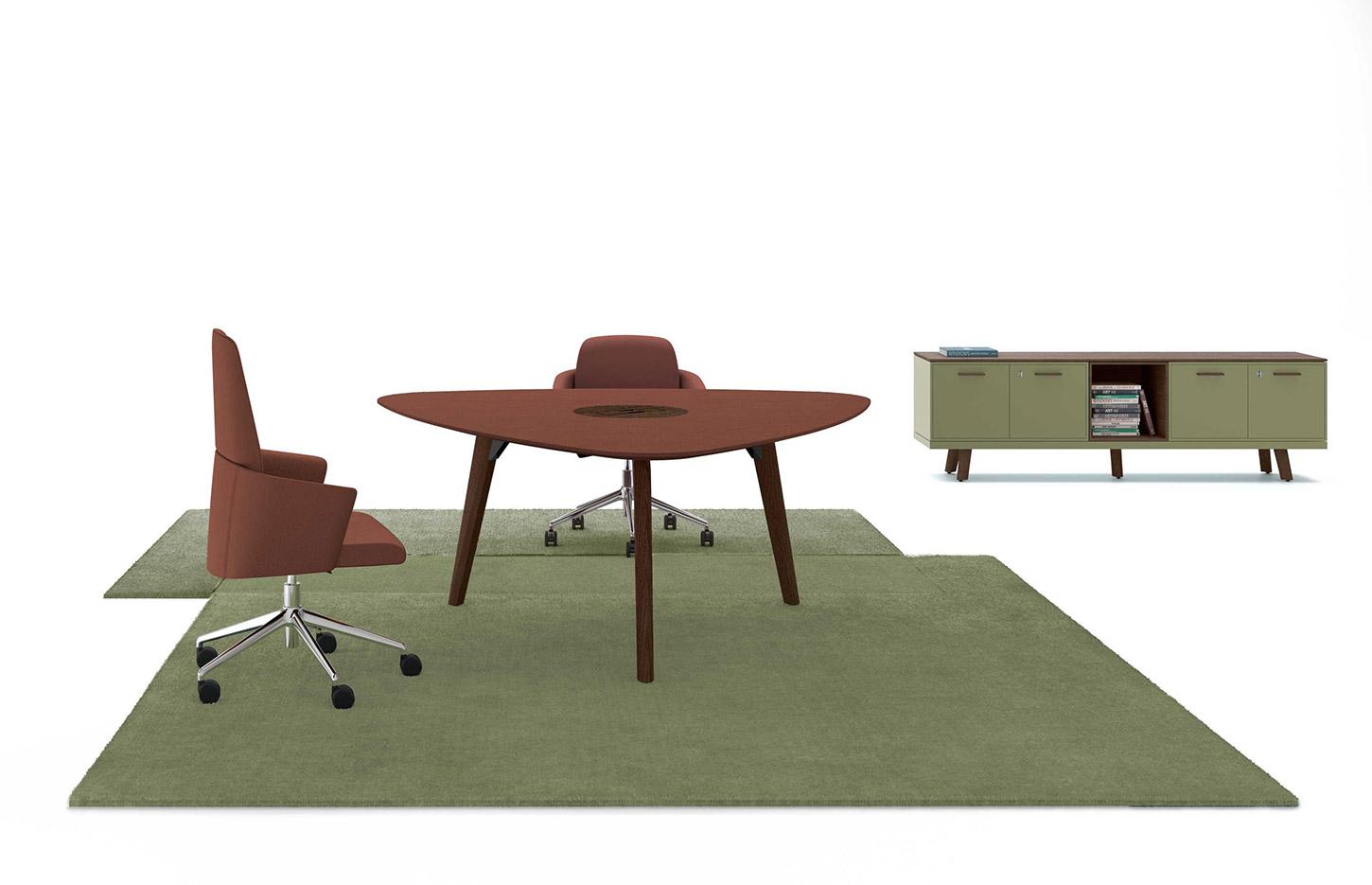 Table de réunion ronde ou triangulaire en bois, cuir ou verre, gamme Longo round - France Bureau