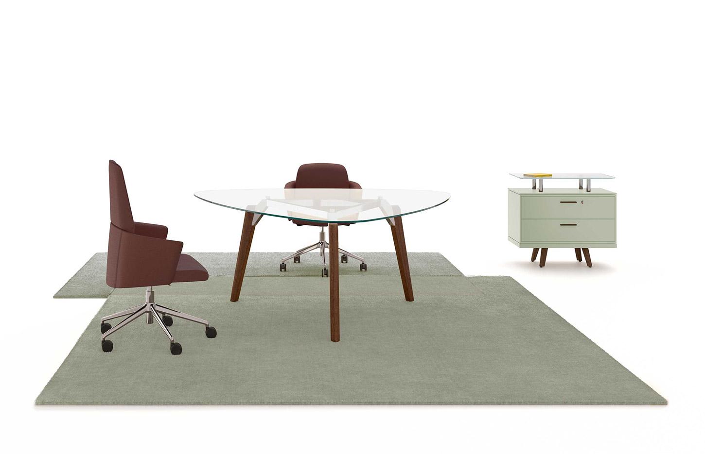 Table de réunion ronde ou triangulaire en bois, cuir ou verre, gamme Longo round - France Bureau