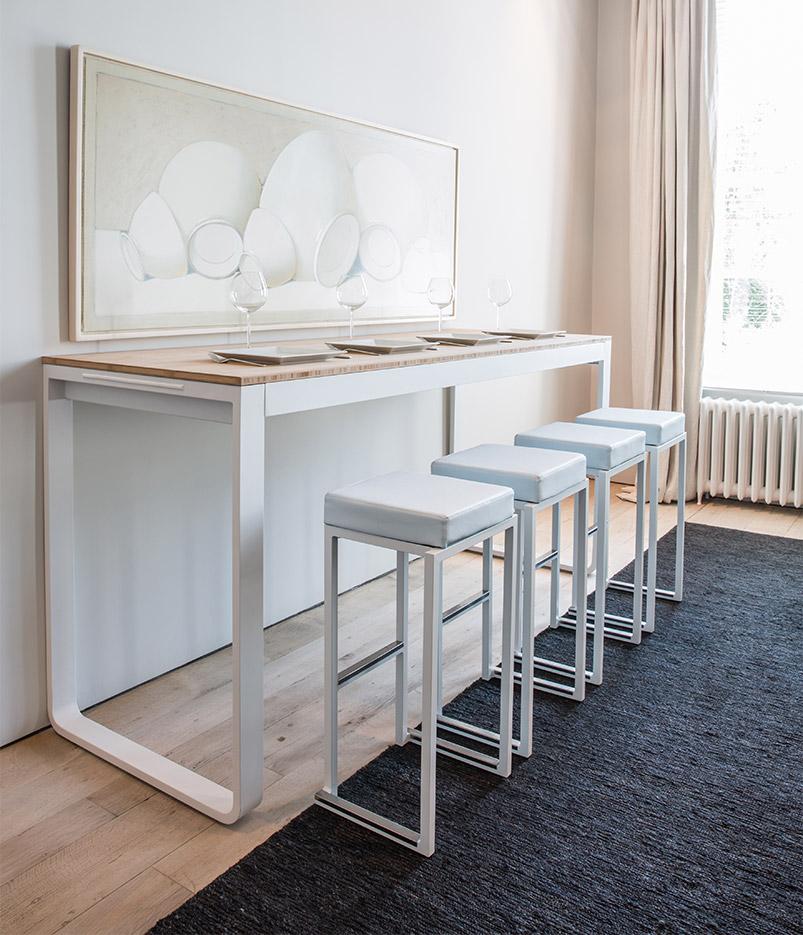 Table bar haute pieds trapèzes ou arche pour l\'extérieur, gamme Lunda haute, France Bureau