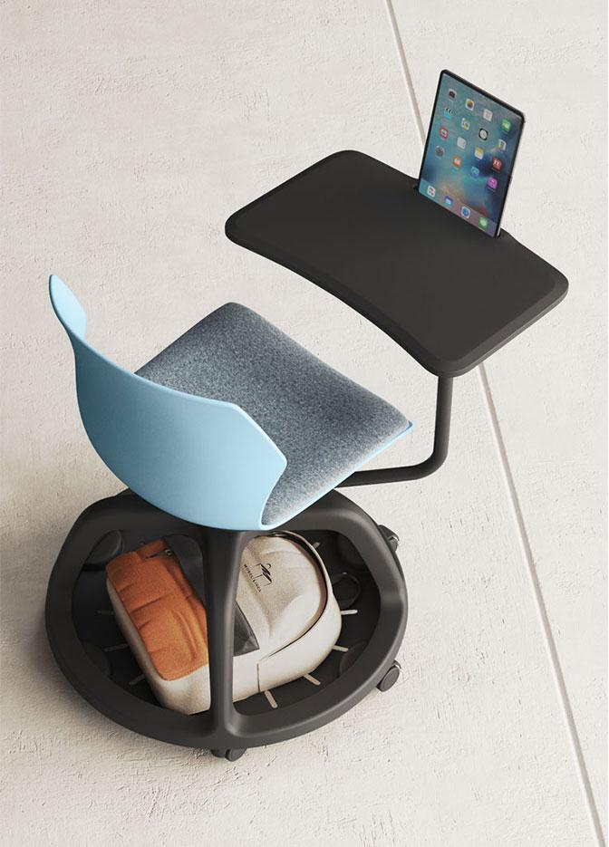 Chaise sur roulettes avec tablette écritoire monocoque polypropylène, gamme Milondo - France Bureau