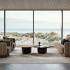 Espace lounge avec canapé et fauteuils taupe face à une large baie vitrée, gamme Misurina - France Bureau