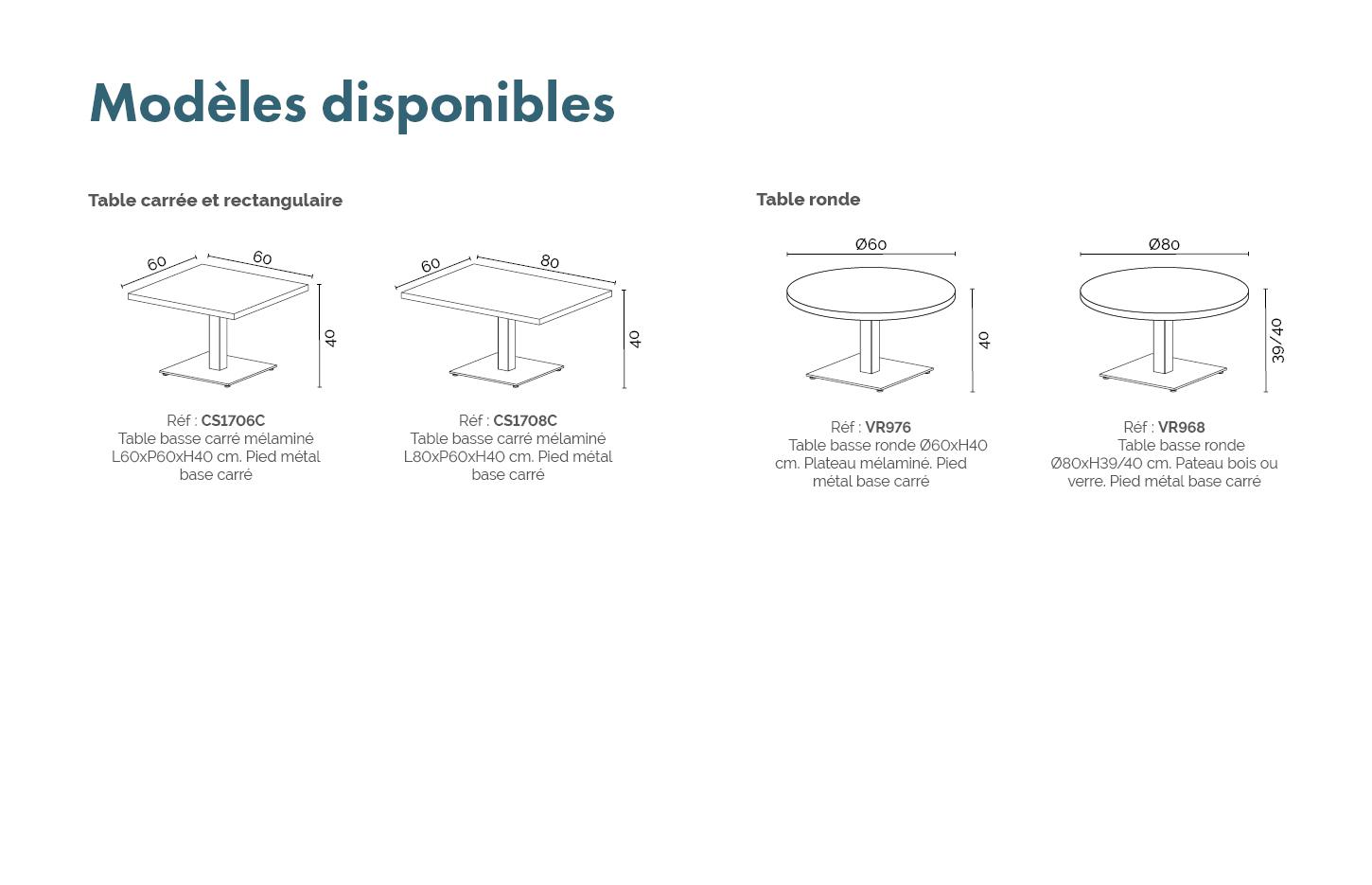 Table basse ronde rectangulaire carrée mélaminé bois verre, gamme Moraine - France Bureau