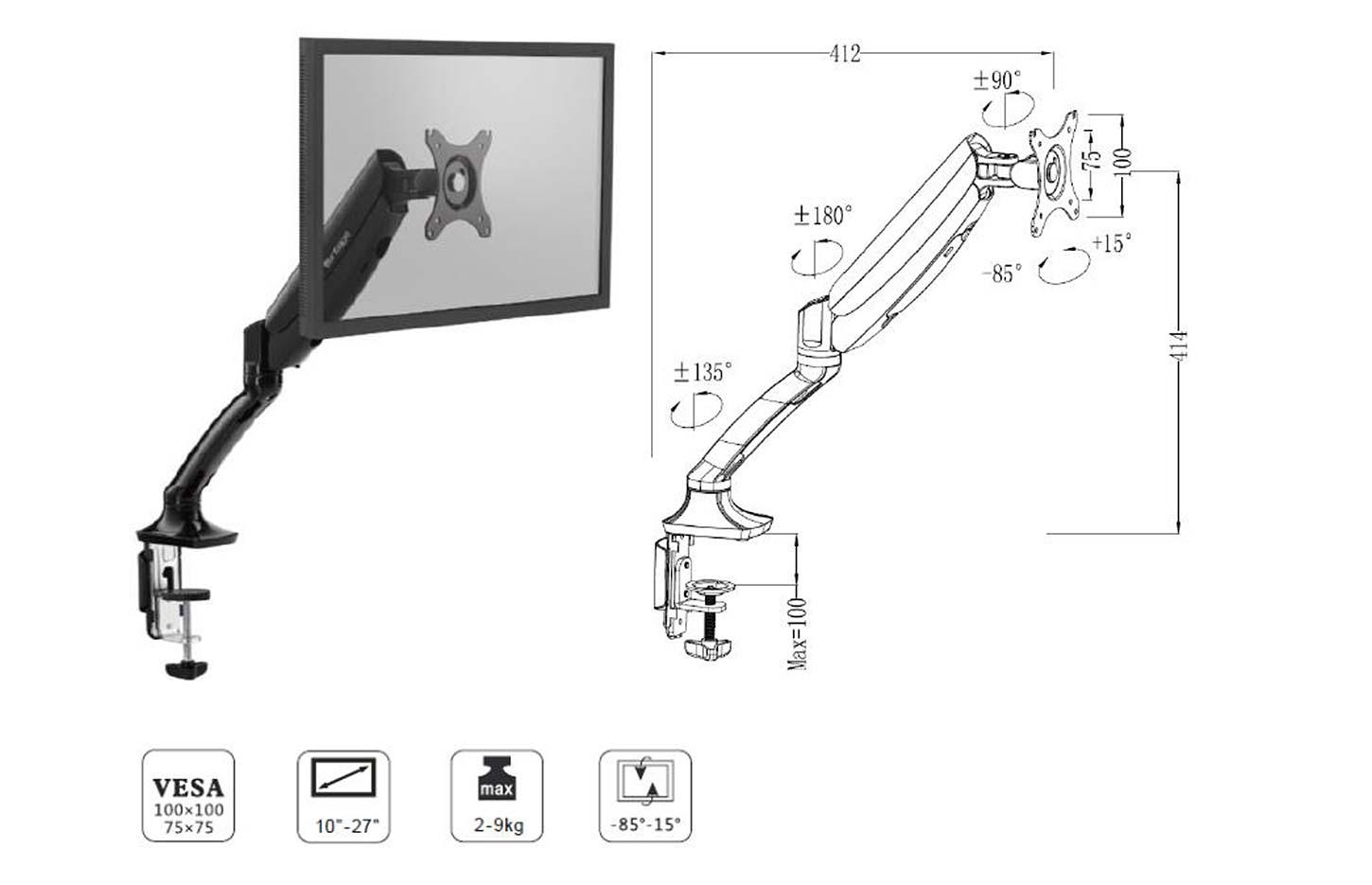 Bras support écran articulé avec vérin à gaz pour moniteur VESA, gamme Mornos - France Bureau