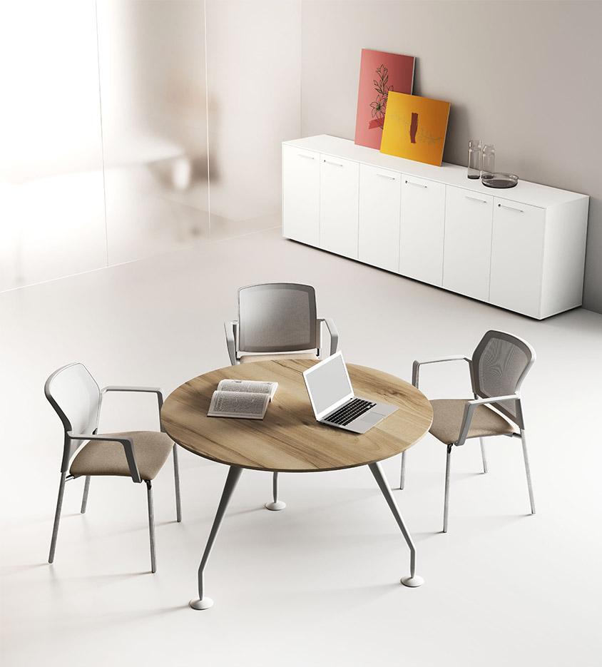 Table de réunion ronde plateau bois ou verre pieds satellites, gamme Muzelle round - France Bureau
